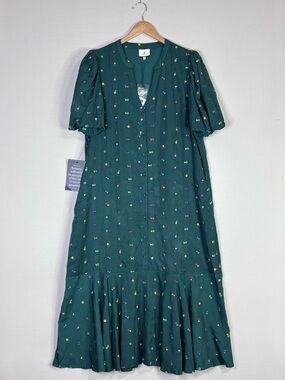 Tuckernuck Green Embroidered Midi Dress XXL Puff Sleeve Button Front